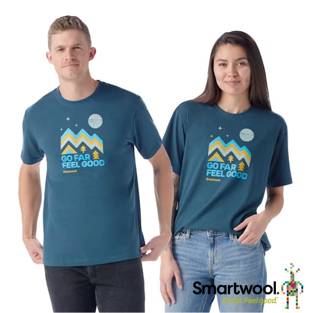 【SmartWool】男女 塗鴉Tee 美麗諾羊毛圓領短袖T恤(山系圖騰).運動上衣/SW002603-G74 暮光藍✿30E010